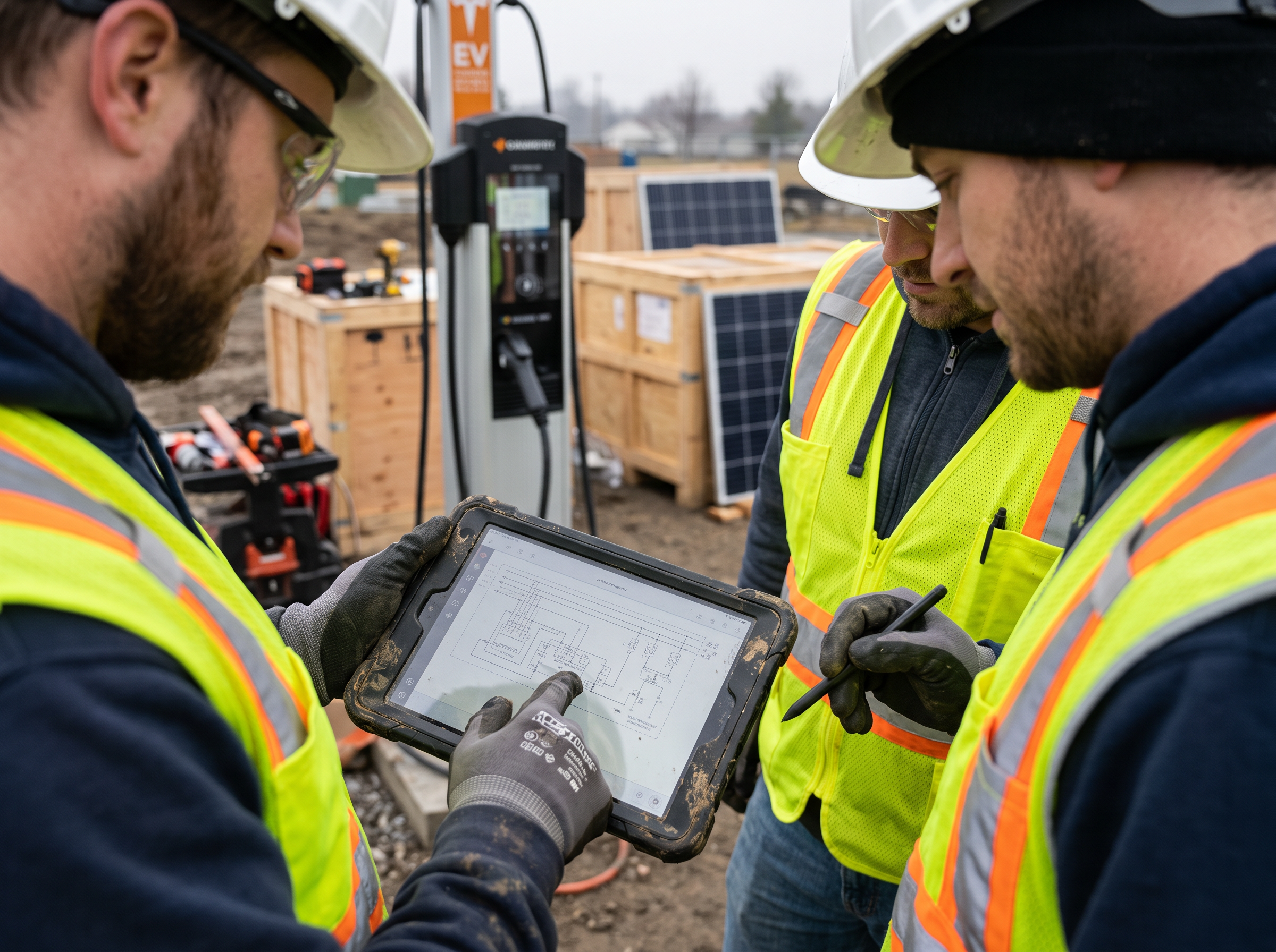 Two contractors reviewing an electrical wiring plan on a tablet at a job site