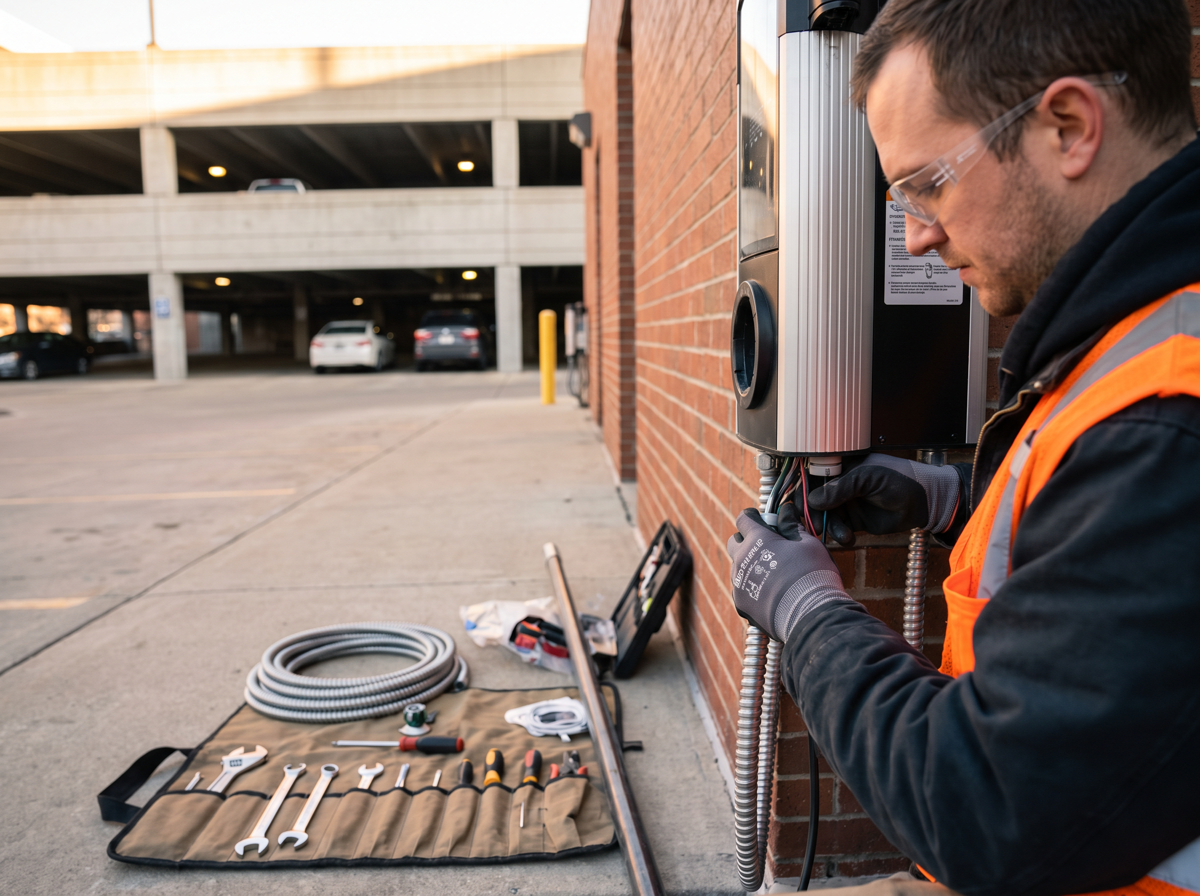 Electrician installing a commercial EV charging station